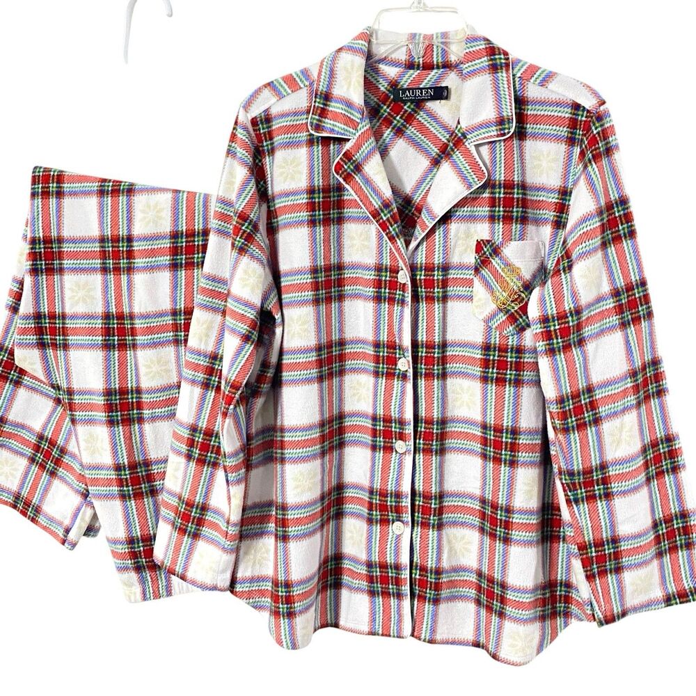 Lauren Ralph Lauren L Black Label FLEECE Plaid 2 PC Pajama Set Gold Crest